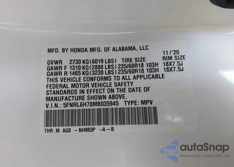 2021 Honda Odyssey Ex-L из США, поврежденный, VIN 5FNRL6H78MB035945